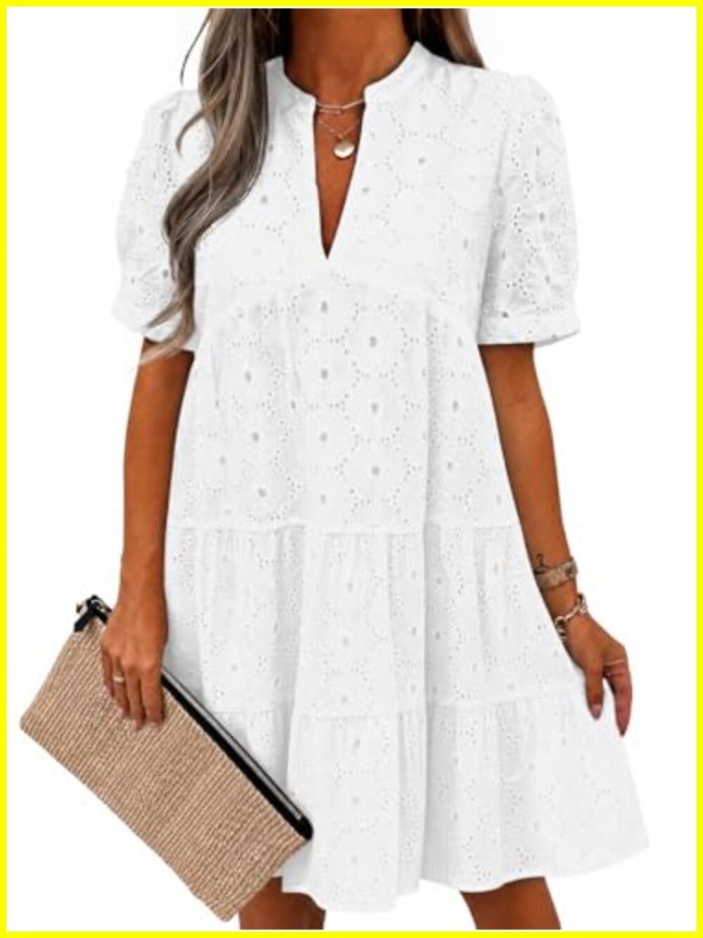 Women's Lace Eyelet Babydoll Dress, Flowy V-Neck Short Sleeve Swing Dress,